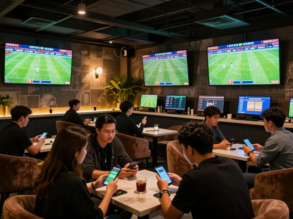 Nowgoal users actively engage in sports betting, analyzing real-time odds and match stats in an energetic lounge setting.