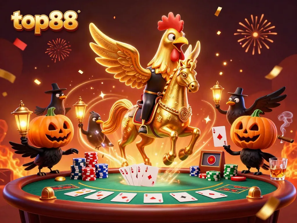Engaging top88 casino scene with golden rooster headless horseman, poker elements, and festive atmosphere