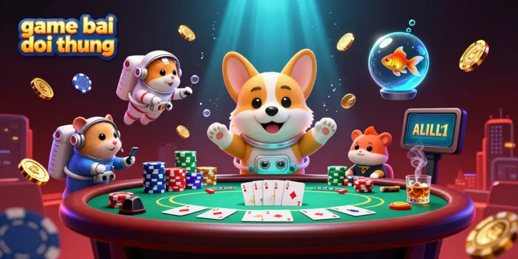 Engage in thrilling game bai doi thuong with a 3D astronaut corgi, poker chips, and coins in a space casino
