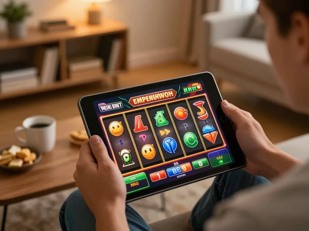 Momen menarik bermain slot hwg500 di tablet di rumah dengan gulungan berputar yang cerah.
