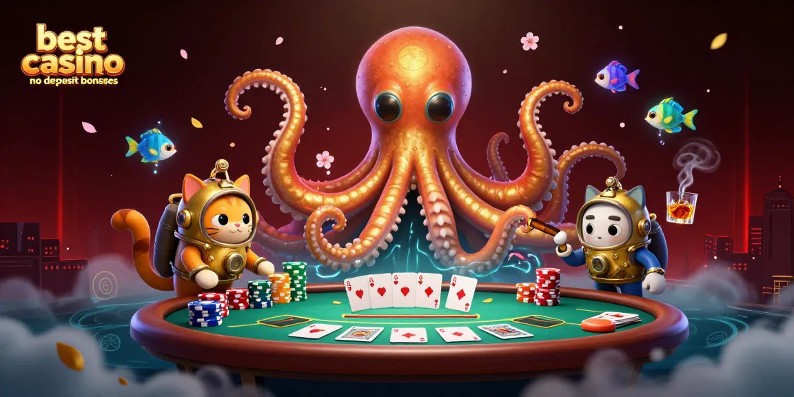 Experience the thrill of best casino no deposit bonuses with a cartoon kraken and diving cat immersed in a poker scene.
