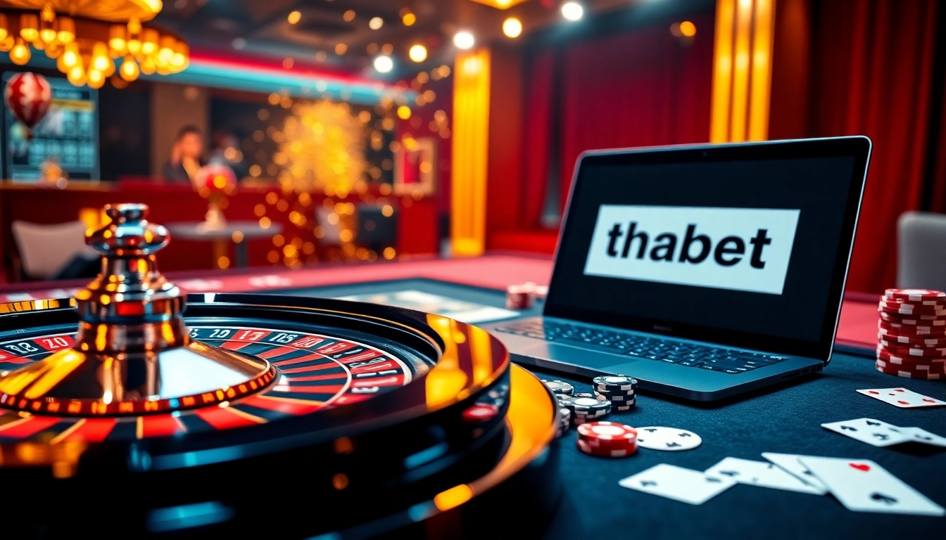 Exciting casino scene featuring Thabet link with roulette table, chips, and cards in play.