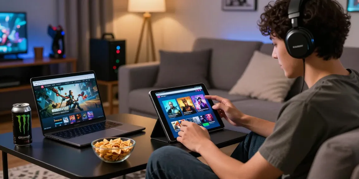 Player enjoying 68gamebai online gaming experience on a tablet in a cozy living room.