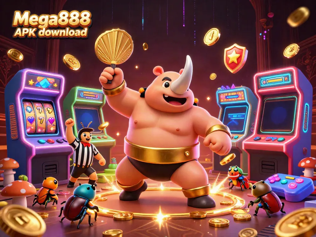 Experience Mega888 APK download with a lively scene featuring a sumo champion beetle among casino elements.