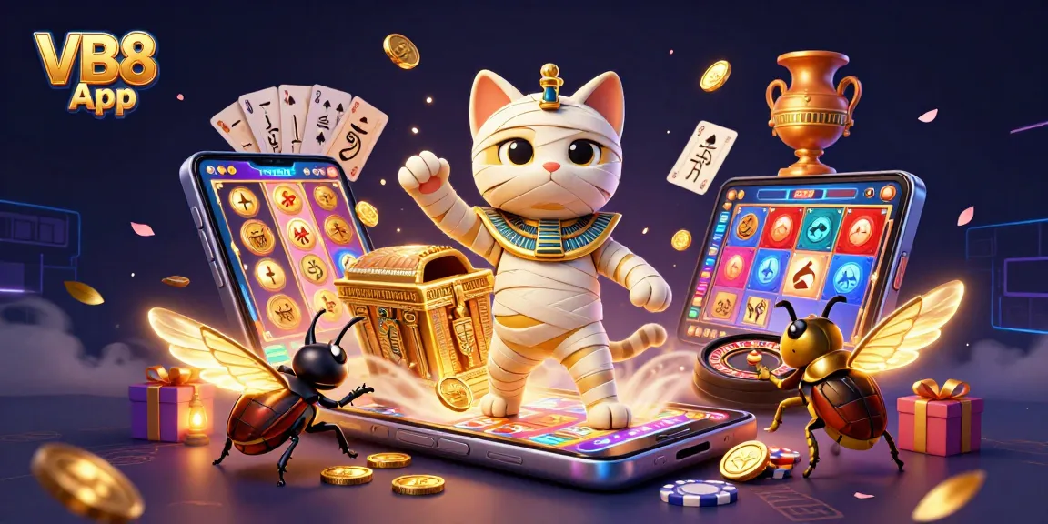 Spin to win with the VB8 App featuring a lively 3D casino scene and vibrant slot games.