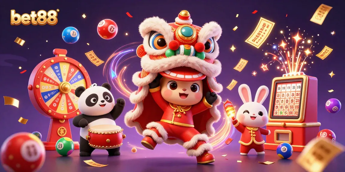 Bet88 vibrant celebration with lion dance, colorful lottery elements, and gaming excitement.
