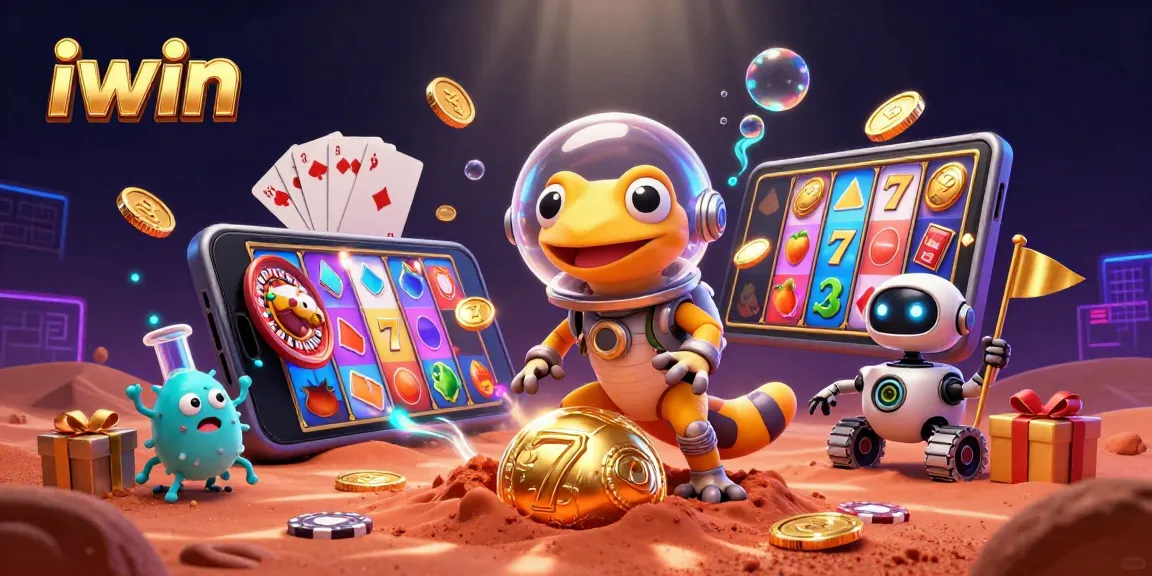 iwin showcases a vibrant Martian casino scene with colorful slot games and cheerful alien bacteria.