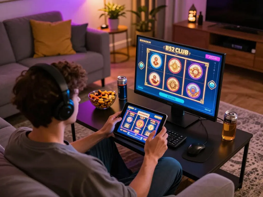 B52 Club player engaging with a tablet displaying slot games while enjoying home comforts and snacks.