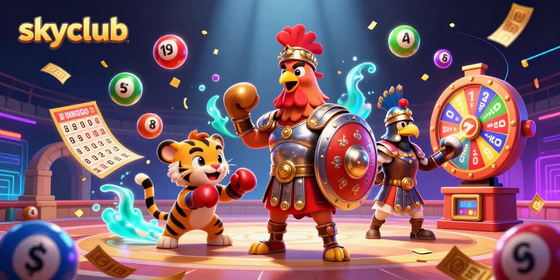 Engage in skyclub's thrilling gameplay with a vibrant 3D illustration showcasing dynamic casino elements.