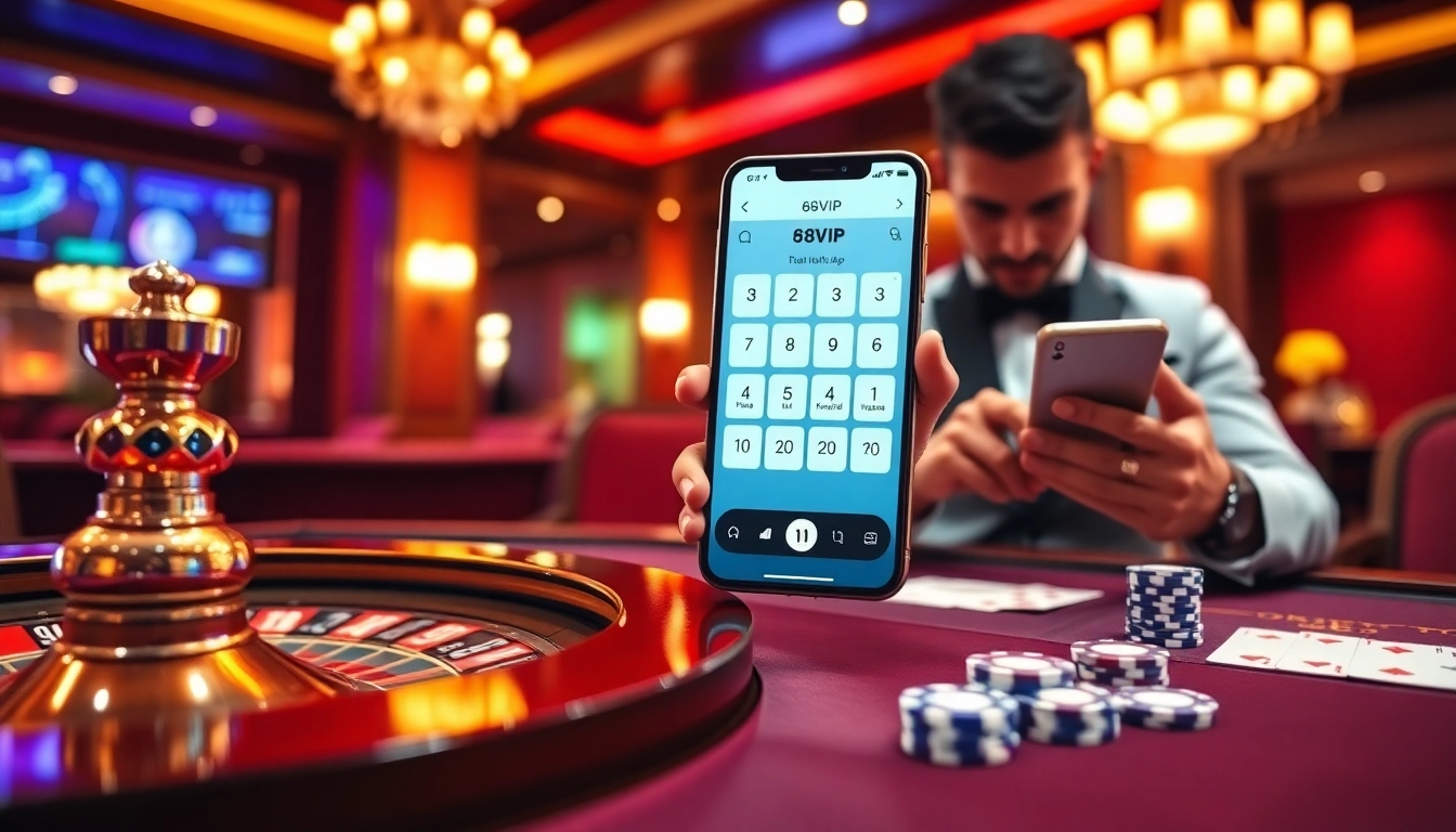 Tải App Nhà Cái 68VIP for secure mobile betting in a luxurious casino setting.