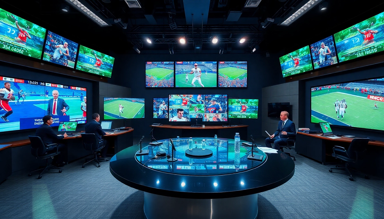 Engaging setup in a sports broadcasting studio showcasing live events and dynamic discussions.