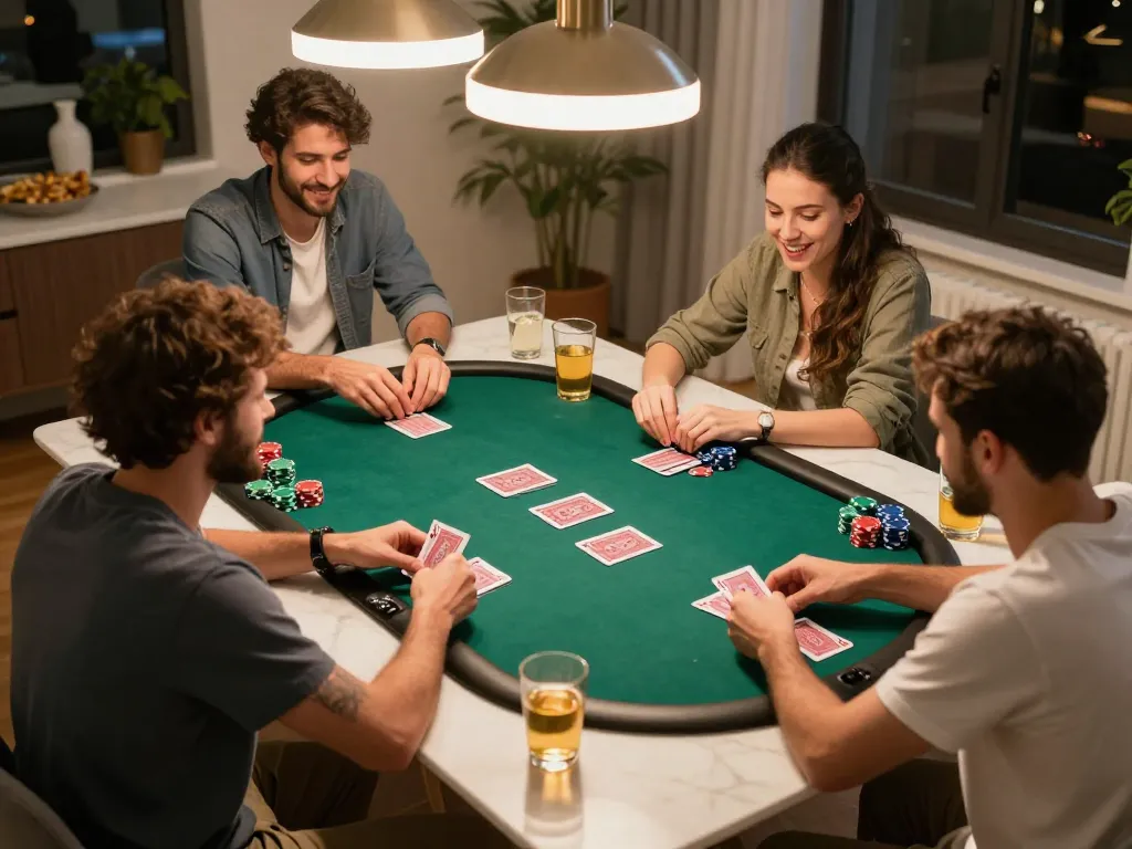 Experience exciting gameplay at bong88v during a lively home poker night with friends.