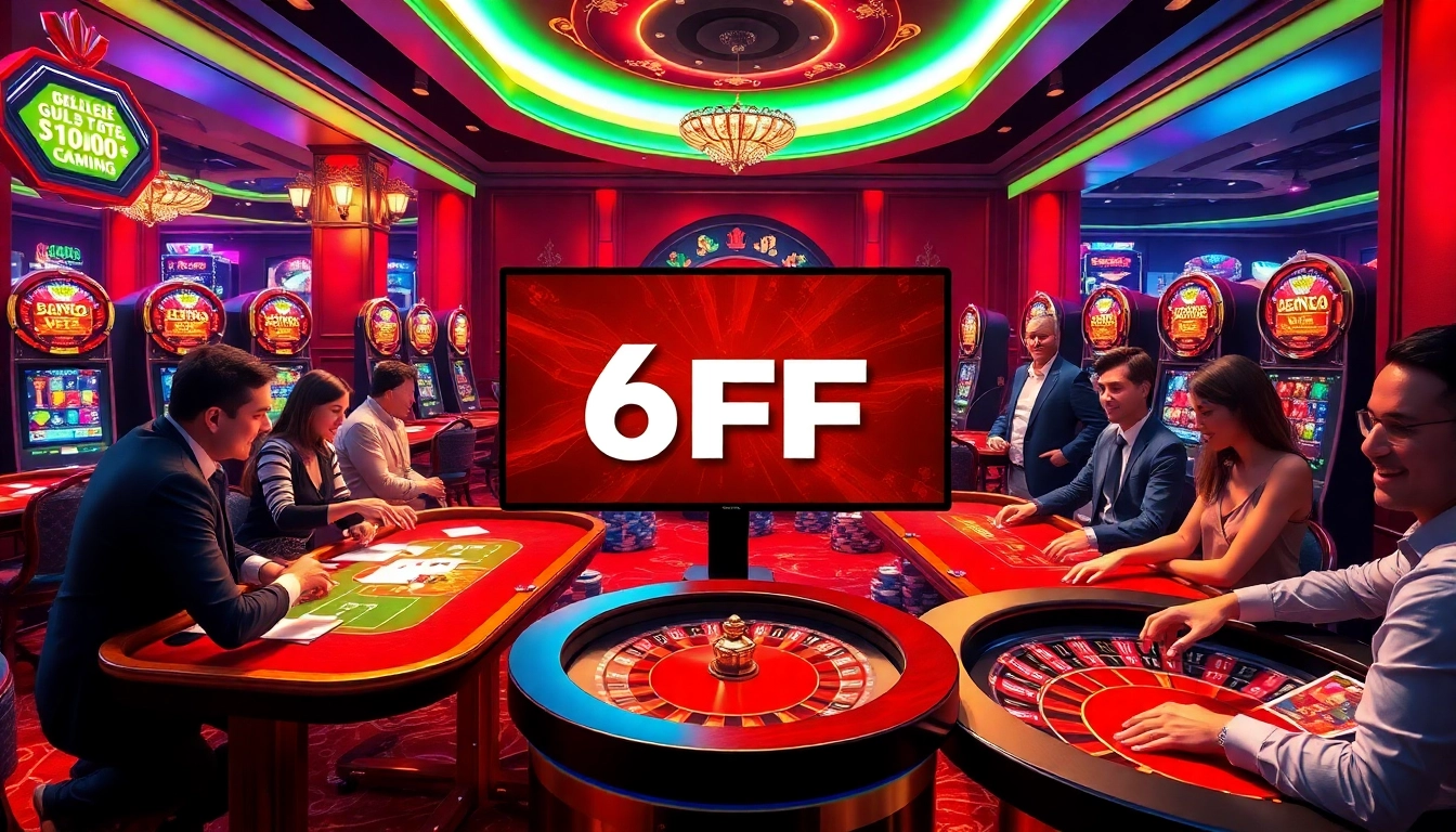 Players enjoying thrilling games at 6FF online casino, featuring vibrant poker tables and exciting slots.
