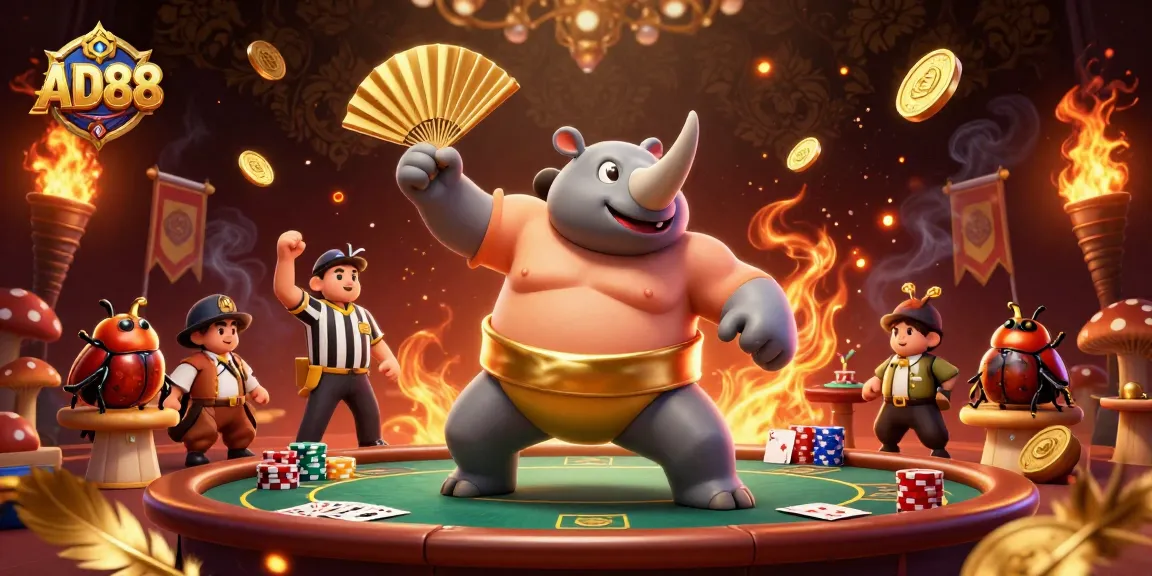 Experience the excitement of AD88 with a dynamic casino scene featuring a sumo beetle champion amidst chips and cards.