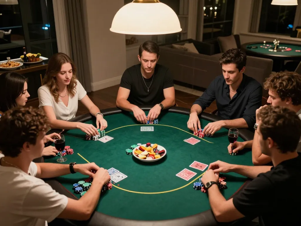 Engaged players at a cwin poker night with chips and cards, showcasing a strategic game.