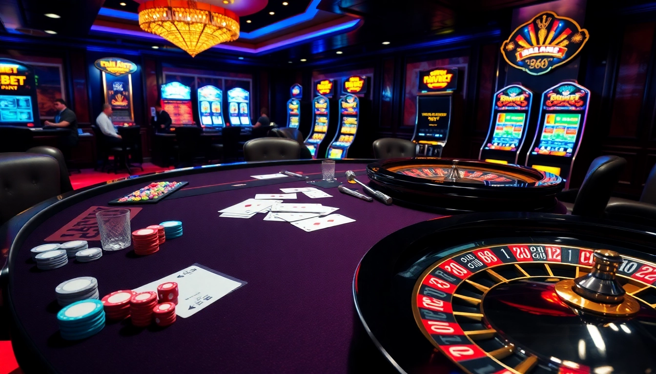 Debet players enjoying strategy at a vibrant casino table with poker chips and cards.
