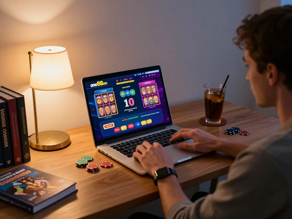 Engaged player using one88on app on a laptop for strategic online gambling.