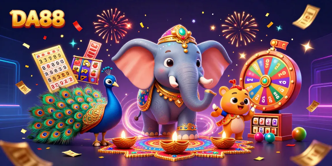 DA88 casino theme with an ornate elephant and peacock amid colorful slot reels and dynamic elements