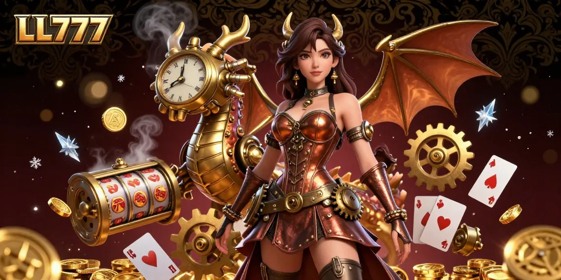 LL777 showcases an enchanting scene with a steampunk woman, gaming elements, and gold coins in a vibrant casino environment.