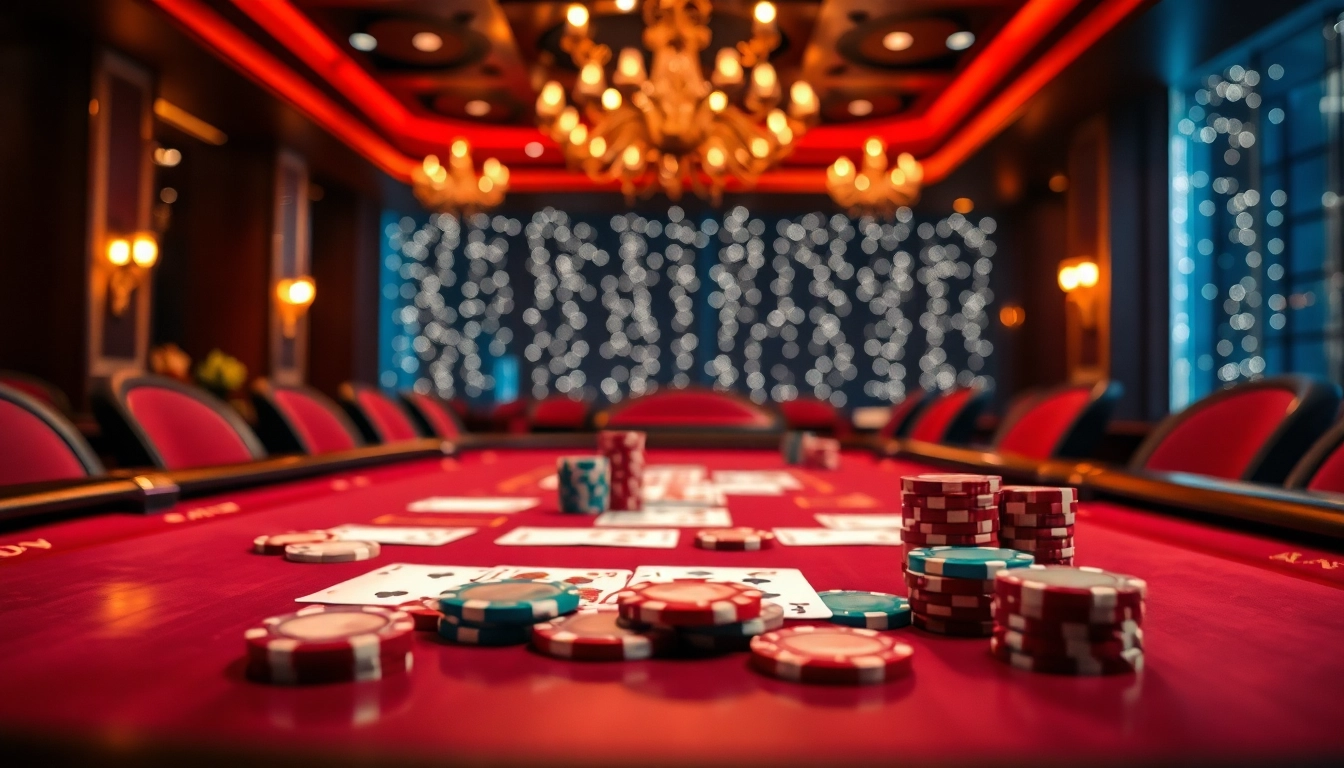Spiele casinospiele an einem eleganten Casinotisch mit Chips und Karten.