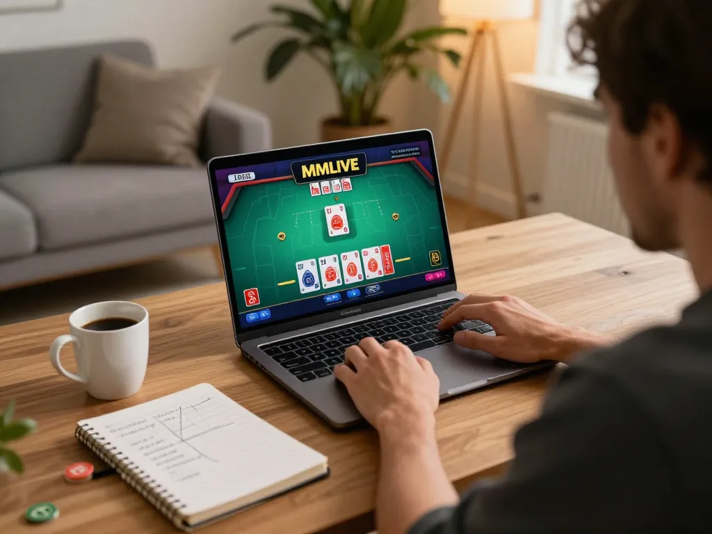 MMLIVE user immersed in live dealer game on laptop, cozy home gaming environment.