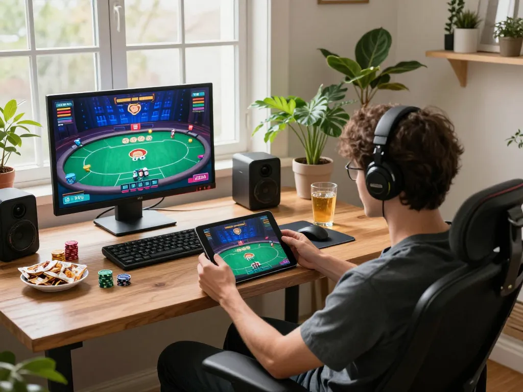 Player engaging in online gaming on fly88mb site, analyzing poker strategies.