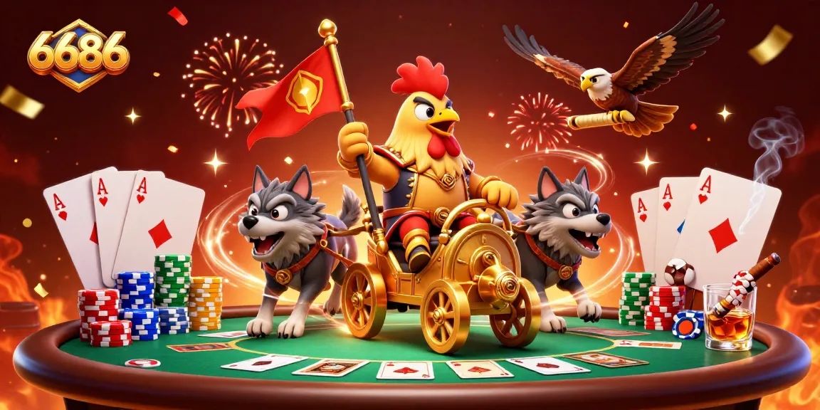 Win at 6686 casino with the rooster warlord leading a dynamic poker showdown filled with vibrant elements.