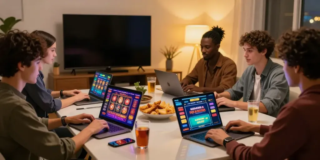 Friends enjoying gaming at online credit card casinos with laptops and snacks.