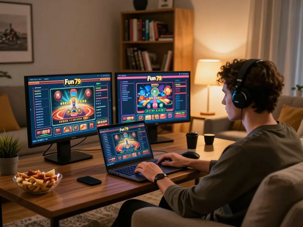 Engaged player enjoying poker games on Fun 79 from the comfort of home, showcasing strategic gameplay.