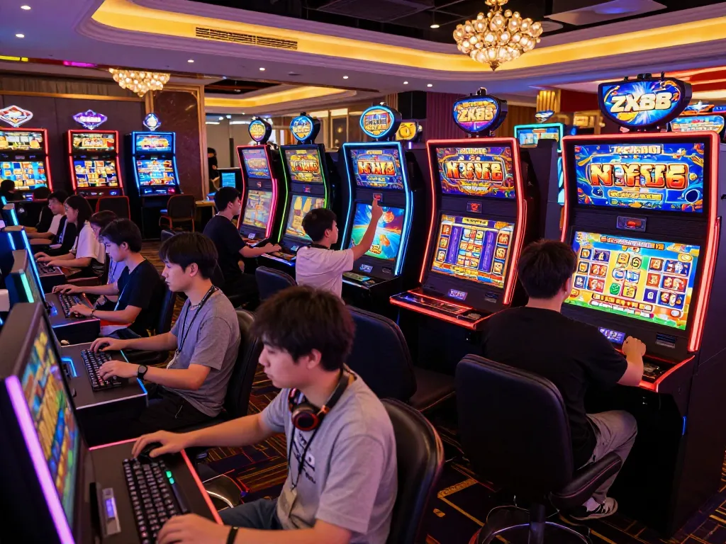 Exciting ZX88 nổ hũ gaming scene with players celebrating wins and vibrant slot machines in a lively casino atmosphere.