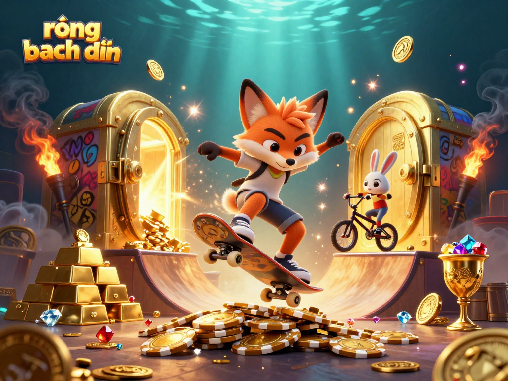 Experience rồng bạch kim gaming adventures with the skateboarder fox and BMX rabbit in a vibrant casino world.