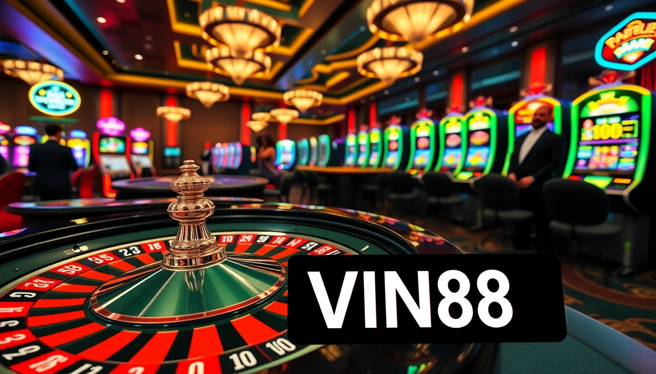 Experience the thrill of Link VIN88 with vibrant casino scenes featuring roulette wheels and poker chips.