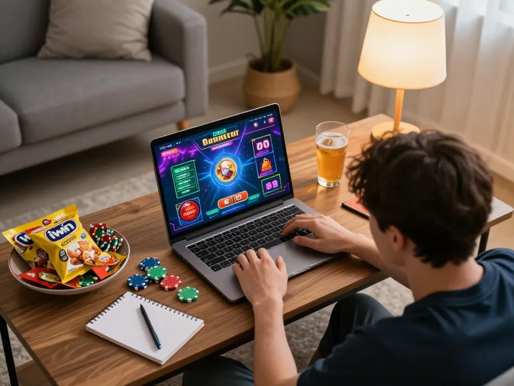 Player enjoying iwin online casino game on laptop in a cozy living room with snacks.