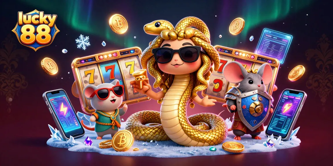 Spin the lucky 88 slots with fun characters and vibrant casino elements in this dynamic illustration.