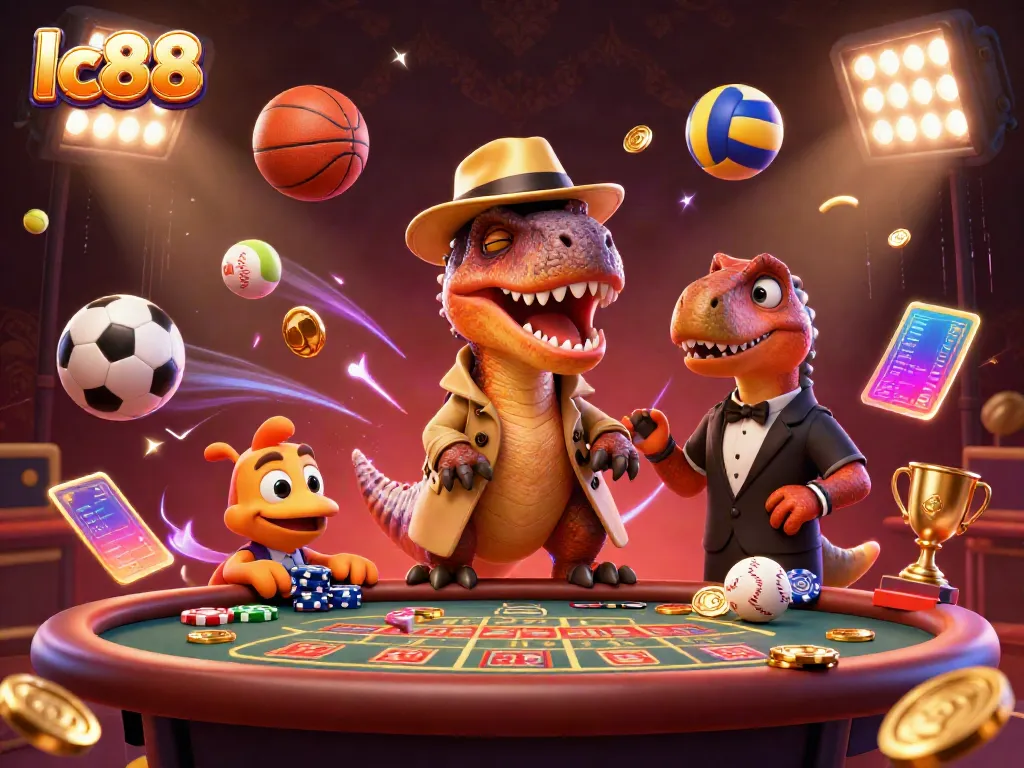 Engage with lc88's exciting blackjack scene featuring a velociraptor player, stegosaurus pit boss, and a sneaky compy amidst vibrant casino elements.