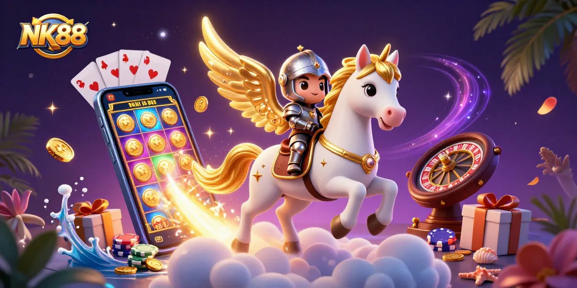 Experience thrilling wins at NK88 with a magical scene of a celestial horse and gambling elements