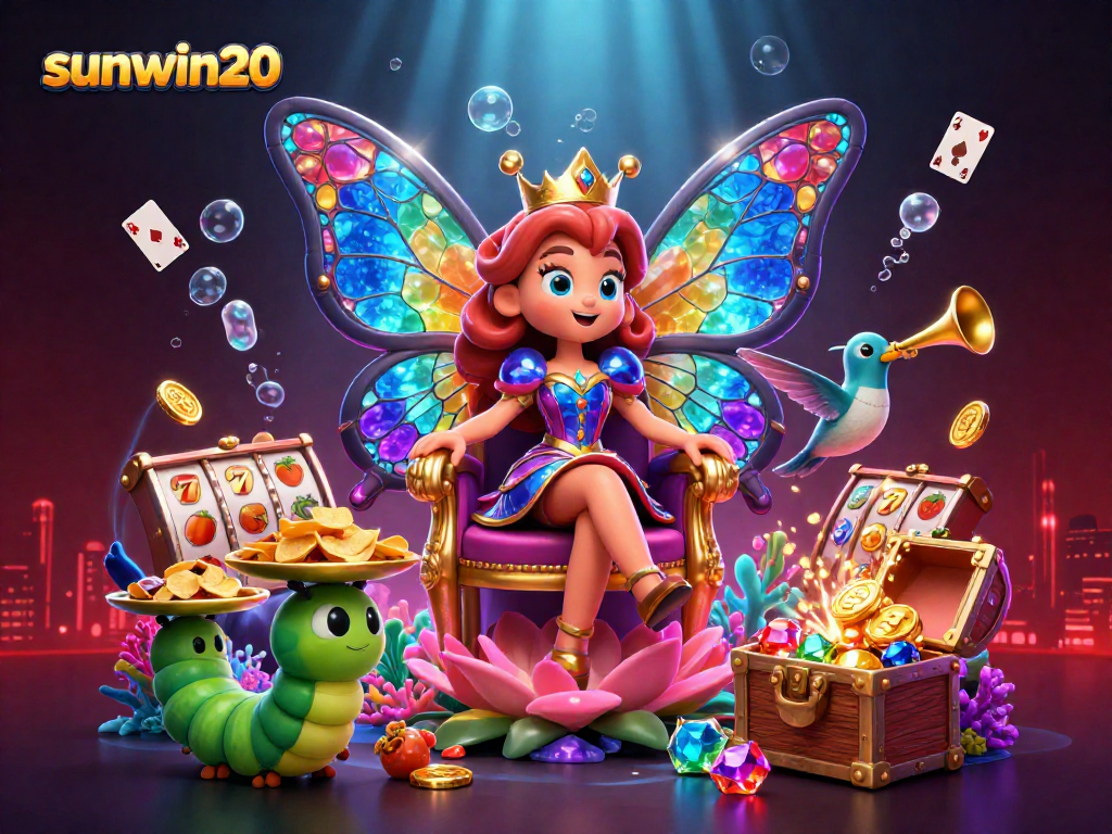 Play thrilling online games at sunwin20 with the butterfly queen and treasures, highlighting colorful gems and coins.