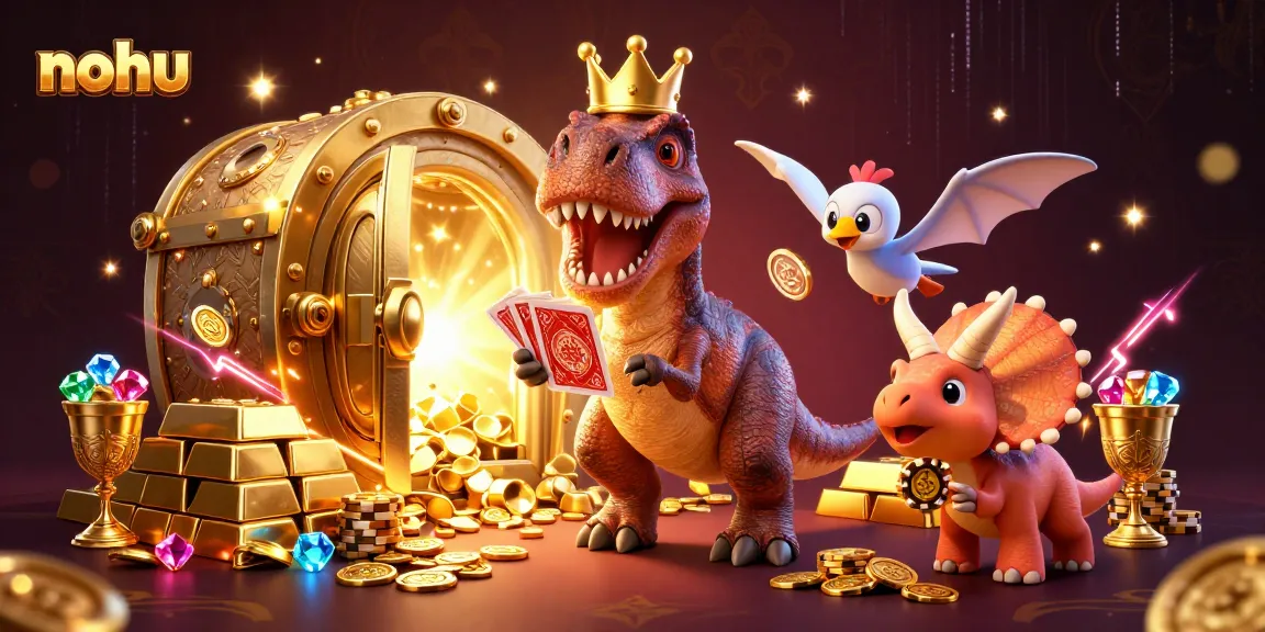 Engage with nohu, a vibrant 3D scene of a T-Rex and friends enjoying casino games.