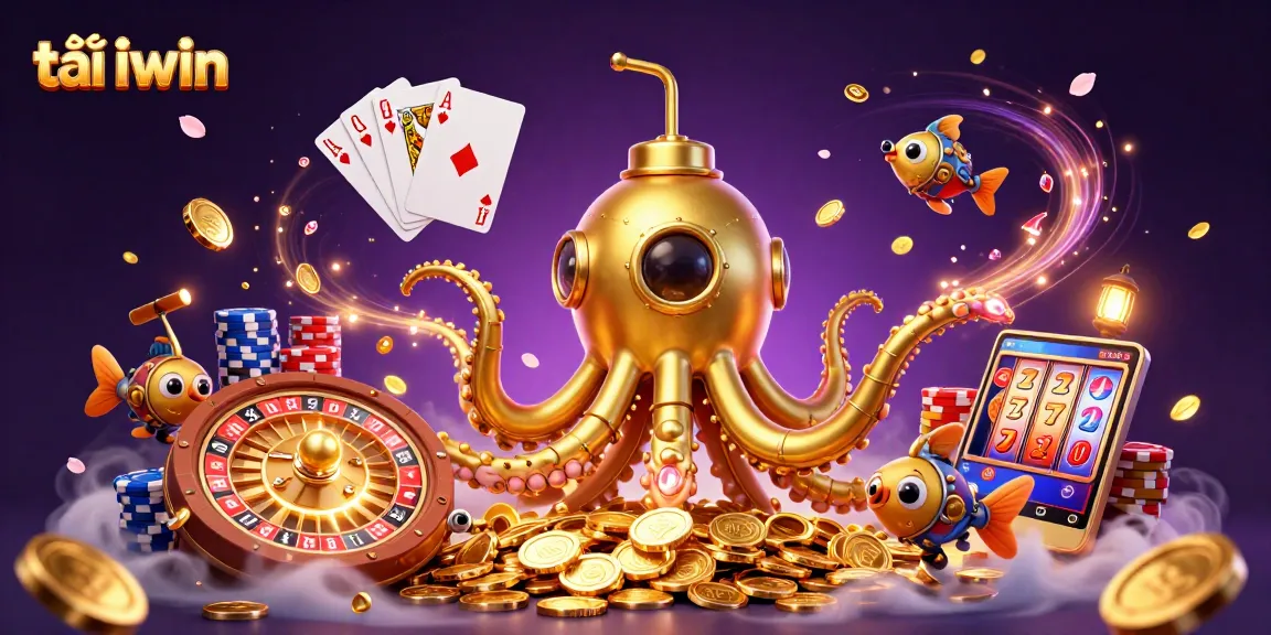 Experience the excitement of tải iwin with a vibrant 3D illustration featuring a golden kraken submarine amidst casino riches.