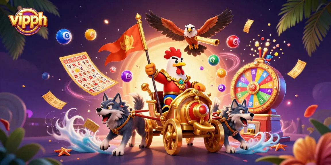 Experience thrilling games at vipph with a vibrant 3D illustration of a rooster warlord and lottery elements.
