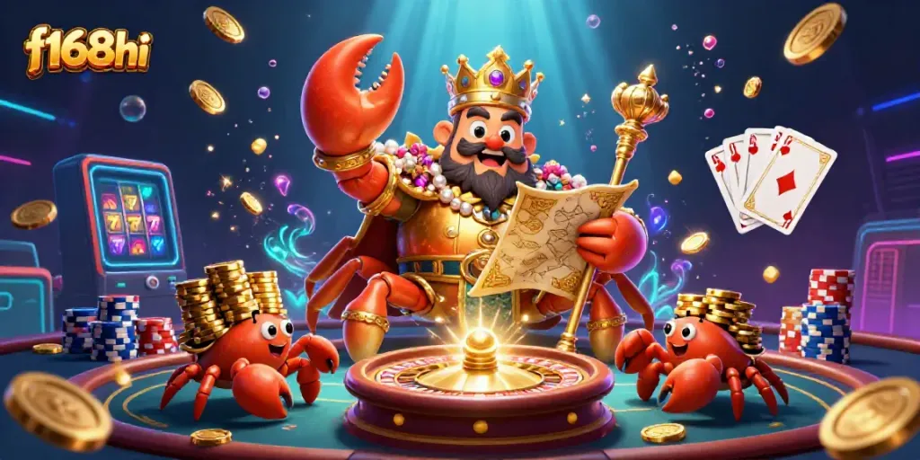Engage in thrilling casino action with f168hi as a golden crab emperor leads the fun.