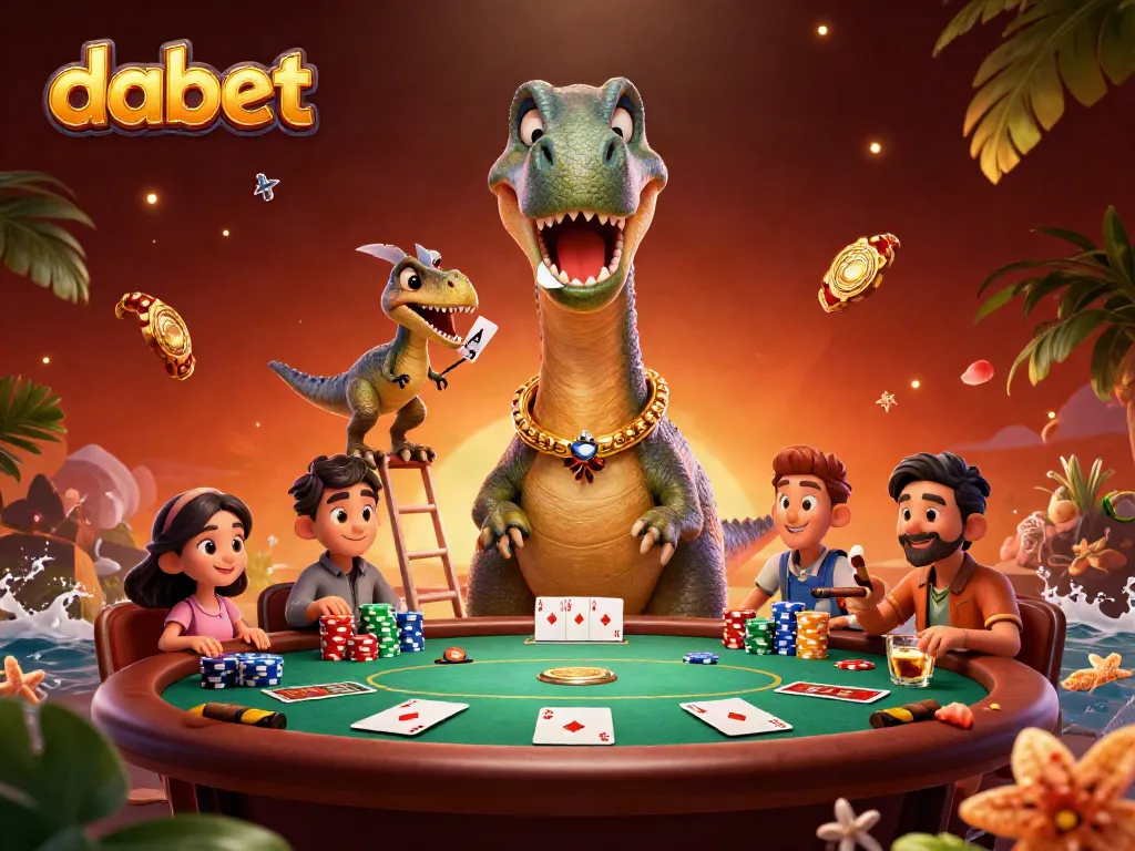 dabet showcases a vibrant 3D casino scene with a brontosaurus, raptor dealer, and lively poker elements