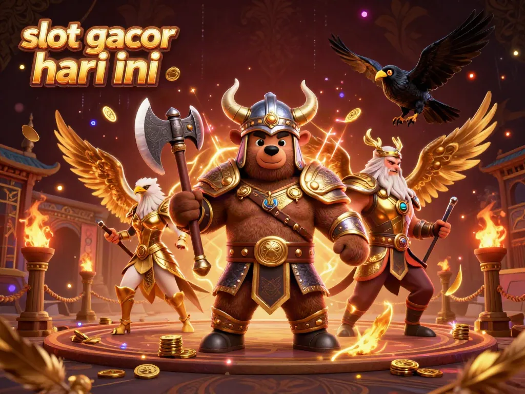 Experience the thrill of slot gacor hari ini with a richly detailed 3D scene of mythical warriors and casino elements.
