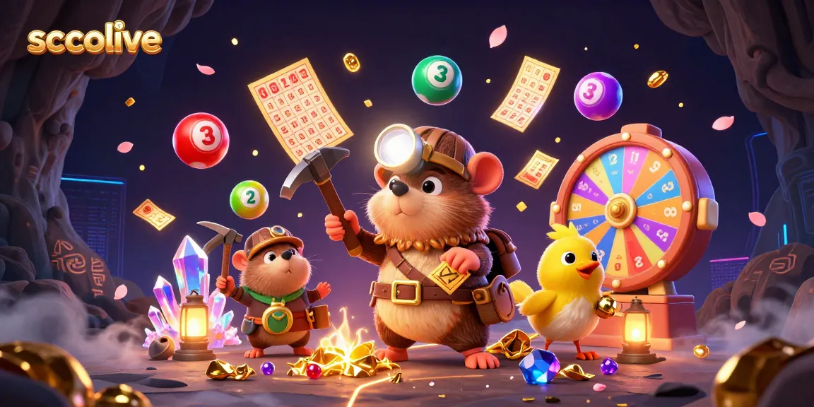 Socolive showcases a vibrant lottery scene with a cartoon mole and canary amidst colorful elements of luck and treasure.