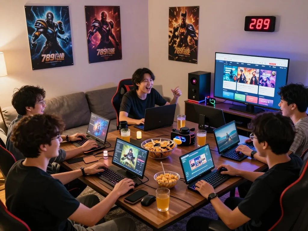 Group of friends joyfully gaming together on 789club platform, showcasing vibrant LED lights and snacks.