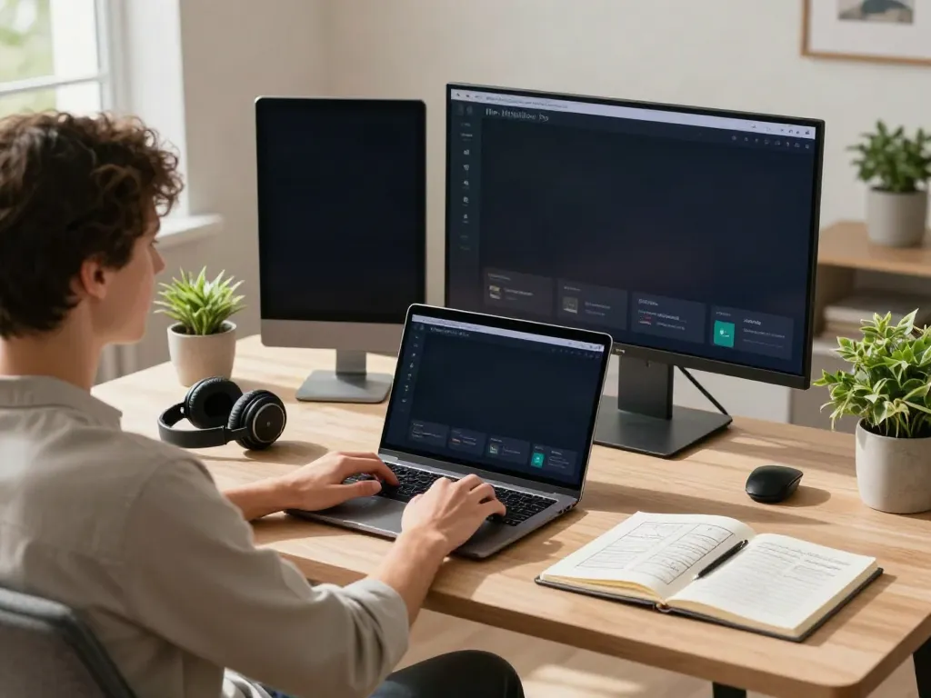 Person using MovieBox laptop in a stylish home office