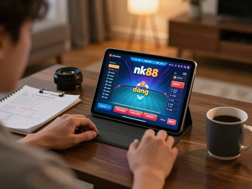 Experience nk88 đăng nhập and online gaming excitement in a warm home setting with vibrant interface
