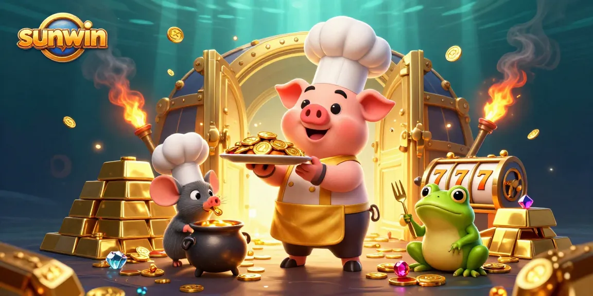 Experience sunwin's thrilling casino vibes with a chef pig, tasting mouse, and critic frog among gold treasures.