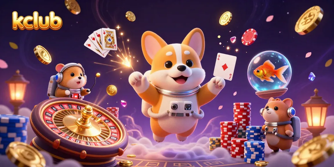 Experience excitement at Kclub with floating poker chips and 3D characters in a vibrant casino scene.