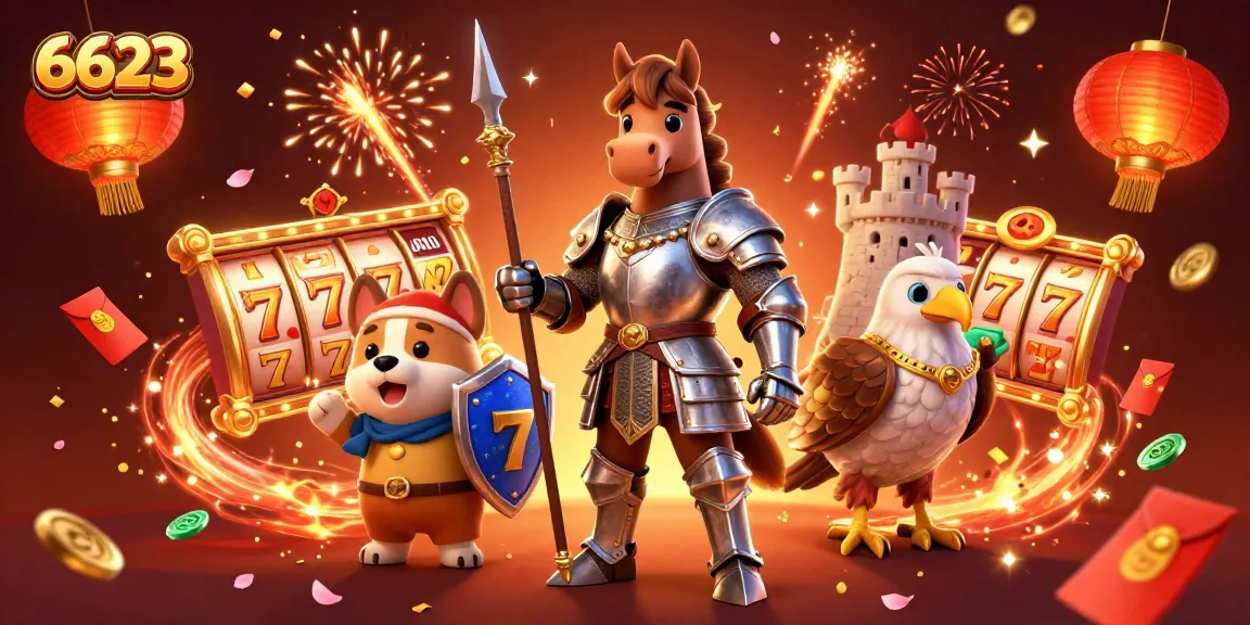 Experience the excitement of 6623 with a vibrant casino scene featuring knights and slot reels.